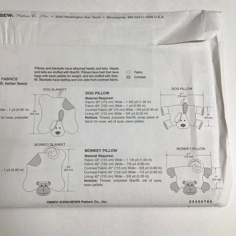 Kwik Sew Child’s PILLOWS BLANKETS Sewing Pattern Dog Monkey 2006 FF UNCUT NEW